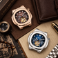 OBLVLO FM-SF Men's Rose Gold Automatic Mechanical Watch Open Heart Brown Dial Luxury Diamond Bezel Wristwatch Genuine Leather Strap