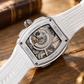 OBLVLO ZRM-ZM Two-Tone Rose Gold & Silver Automatic Watch Tonneau Skeleton Mechanical Wristwatch White Rubber Strap