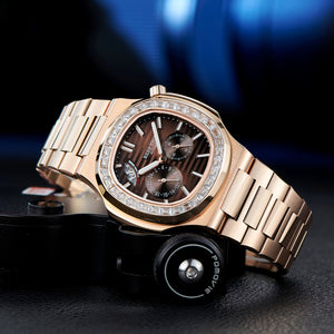 Reef Tiger RGA2019 44mm Square & Brown Dial Automatic Watch - 24-Hour Multi-Dial Business Wrist Watches