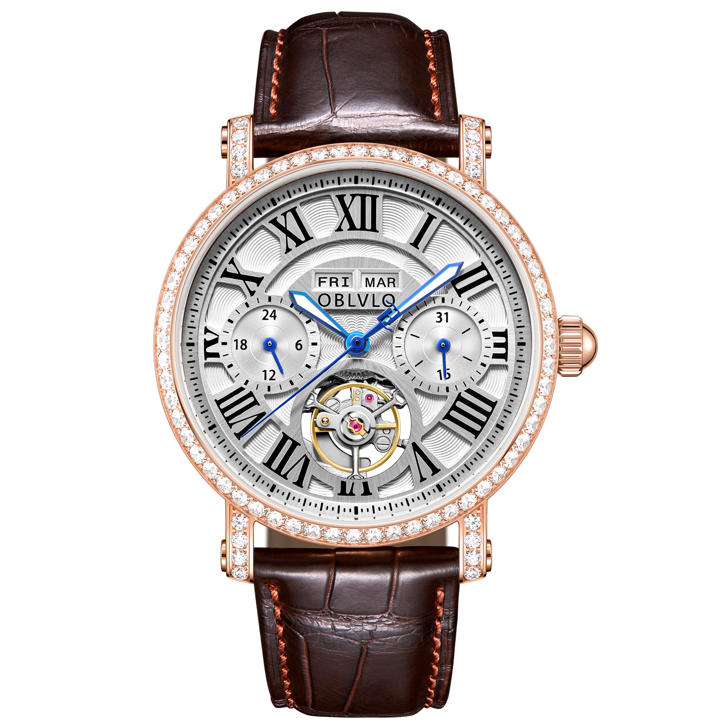 OBLVLO YM Rose Gold Tourbillon style Automatic Mechanical Diamond Dress Watches - Multi-Function year/month/week/day