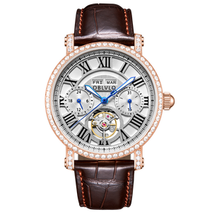 OBLVLO YM Rose Gold Tourbillon style Automatic Mechanical Diamond Dress Watches - Multi-Function year/month/week/day