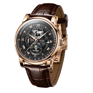 Reef Tiger RGA1963 Rose Gold Men's Mechanical Watch - Calendar & Moon Phase Display Business Casual For Men