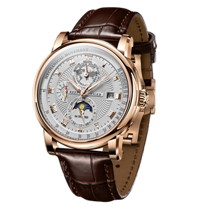 Rose Gold Men's Multifunction Automatic Mechanical Day Night Moon Phase Day of the Week Date Watch - Reef Tiger RGA1963