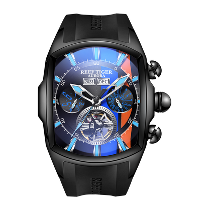 Reef Tiger AURORA メンズ腕時計 ブラック×ブルー Affordable Reef Tiger Aurora Tank Racing Best Black PVD