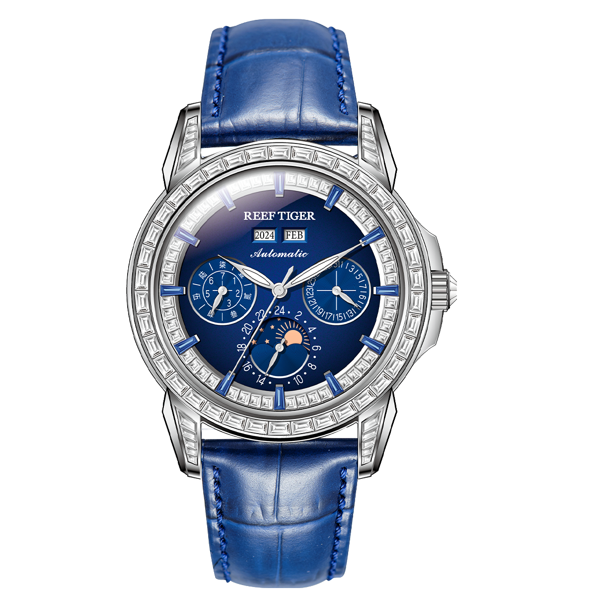 Classics Zirconia Bezel & Blue Dial Men 24 Hour Moon Phase Dress Business Watch - Reef Tiger RGA1988Classics Zirconia Bezel & Blue Dial Men 24 Hour Moon Phase Dress Business Watch - Reef Tiger RGA1988