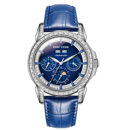 Classics Zirconia Bezel & Blue Dial Men 24 Hour Moon Phase Dress Business Watch - Reef Tiger RGA1988Classics Zirconia Bezel & Blue Dial Men 24 Hour Moon Phase Dress Business Watch - Reef Tiger RGA1988