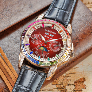 Rose Gold/Burgundy Red Dial Moonphase of Men 42mm Automatic Mechanical Watch - Rainbow Zirconia Bezel - Reef Tiger RGA1988