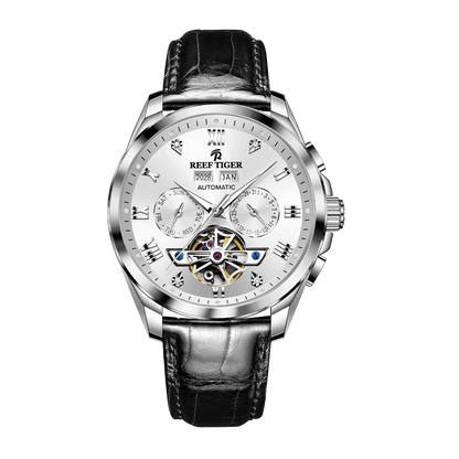 Montre Homme Classique Habillée Blanche Jour Date Automatique Style Tourbillon Cadran - Reef Tiger RGA8235
