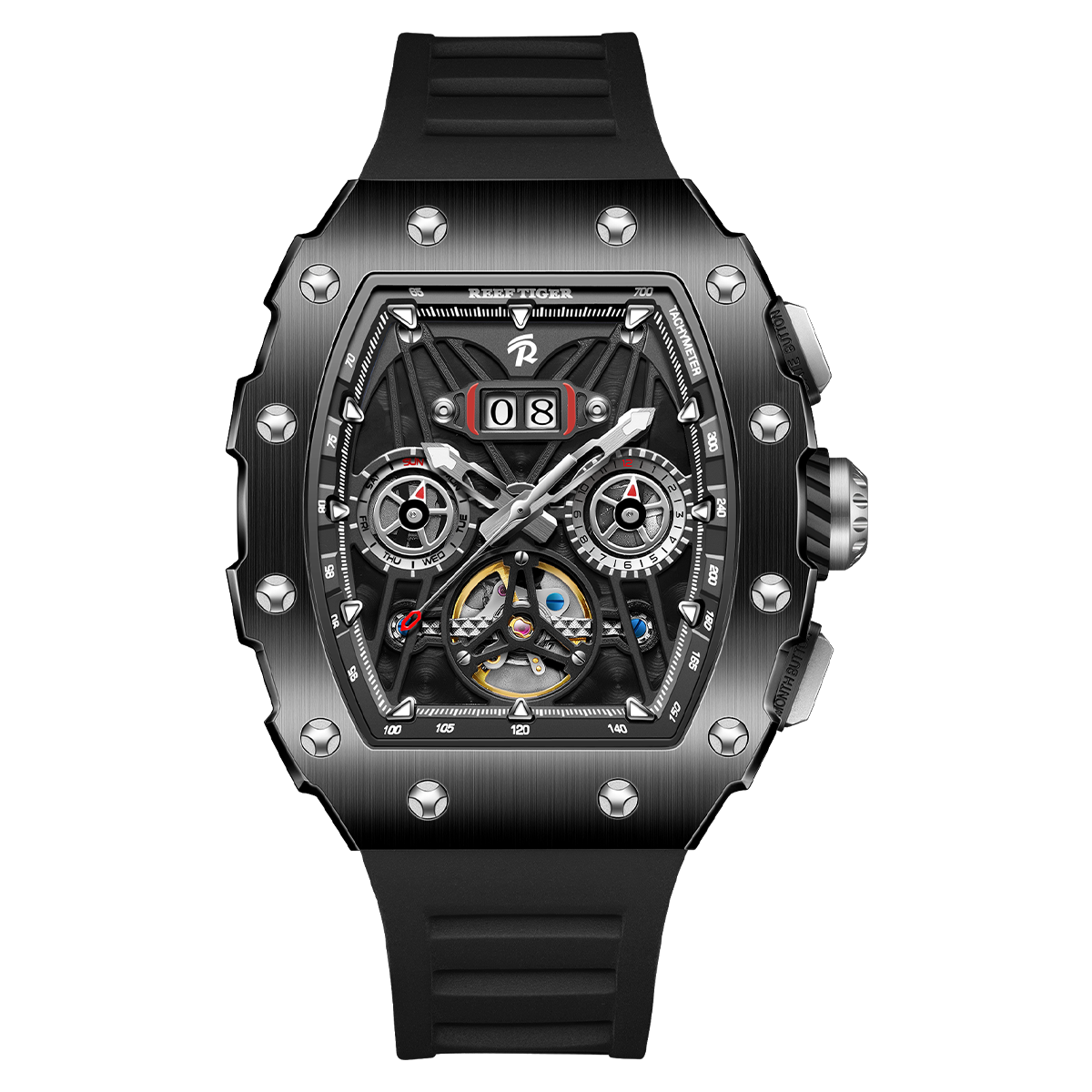 REEF TIGER RGA3009 All Black Men Multifunctional Day/Date Skeleton Automatic Mechanical Watches
