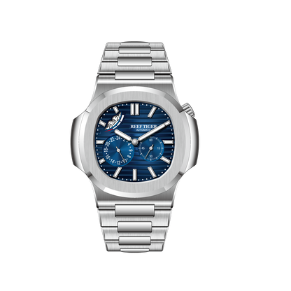 Montre automatique de luxe pour homme 44 mm à boîtier carré et lunette en cristal | Montres-bracelets d'affaires multifonctions 24 heures Reef Tiger RGA2019