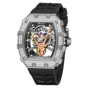 OBLVLO XM FIG Series Cool Diamond & Rock and Roll Skeleton Hand Automatic Watch