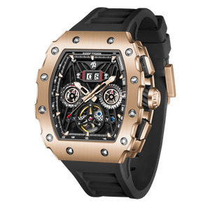 REEF TIGER RGA3009 Rose Gold Men Multifunctional Skeleton Automatic Tonneau Luminous Waterproof Watch