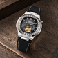 OBLVLO FM-SF Men's Diamond Bezel Automatic Watch Skeleton Open Heart Black Dial Mechanical Wristwatch Silver Case Stitched Black Leather Strap