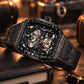 OBLVLO ZM-PH All Black Tonneau & Cubic Zirconia Case Men's Luxury Skeleton Watch - 3D Sculpted Dragon Phoenix Dial Automatic Mechanical Sport Watch