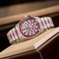 OBLVLO FM-DSL-AD Luxury Mens Automatic Watch Ruby Red Baguette Gemstone Bezel Full Crystal Grid Dial Silver Mechanical Wrist Watch