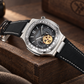OBLVLO FM-SF Men's Diamond Bezel Automatic Watch Skeleton Open Heart Black Dial Mechanical Wristwatch Silver Case Stitched Black Leather Strap