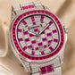 OBLVLO FM-DSL-AD Luxury Mens Automatic Watch Ruby Red Baguette Gemstone Bezel Full Crystal Grid Dial Silver Mechanical Wrist Watch
