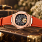 OBLVLO FM-SF Men's Luxury Sport Automatic Watch Rose Gold Diamond Bezel Open Heart Black Dial Orange Leather Strap Mechanical Wristwatch