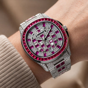 OBLVLO FM-DSL-AD Luxury Mens Automatic Watch Ruby Red Baguette Gemstone Bezel Full Crystal Grid Dial Silver Mechanical Wrist Watch