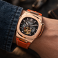 OBLVLO FM-SF Men's Luxury Sport Automatic Watch Rose Gold Diamond Bezel Open Heart Black Dial Orange Leather Strap Mechanical Wristwatch