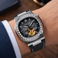 OBLVLO FM-SF Men's Diamond Bezel Automatic Watch Skeleton Open Heart Black Dial Mechanical Wristwatch Silver Case Stitched Black Leather Strap