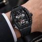 OBLVLO ZM-PH All Black Tonneau & Cubic Zirconia Case Men's Luxury Skeleton Watch - 3D Sculpted Dragon Phoenix Dial Automatic Mechanical Sport Watch