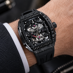 Montre de Luxe Squelette OBLVLO ZM-PH pour Homme, Boîtier Tonneau Entièrement Noir - Montre de Sport Mécanique Automatique avec Cadran Dragon et Phénix Sculptés en 3D