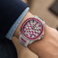 OBLVLO FM-DSL-AD Luxury Mens Automatic Watch Ruby Red Baguette Gemstone Bezel Full Crystal Grid Dial Silver Mechanical Wrist Watch