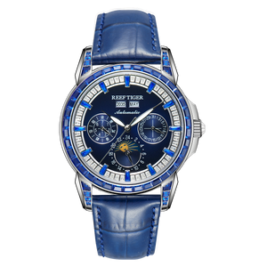 Affordable Luxury Blue Zirconia Bezel & Dial Men Moon Phase Dress Watch - Reef Tiger RGA1988