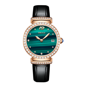 OBLVLO BW-S Women's Diamond Wrist Watch: Green Malachite Dial,Elegant Present for Ladies and Loved Ones