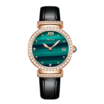 OBLVLO BW-S Women's Diamond Wrist Watch: Green Malachite Dial,Elegant Present for Ladies and Loved Ones