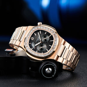 Reef Tiger RGA2019 24-Hour Multi-Dial Automatic Watch - Black 44mm Dial & Rose Gold Sqaure Case Automatic Dress Watch for men
