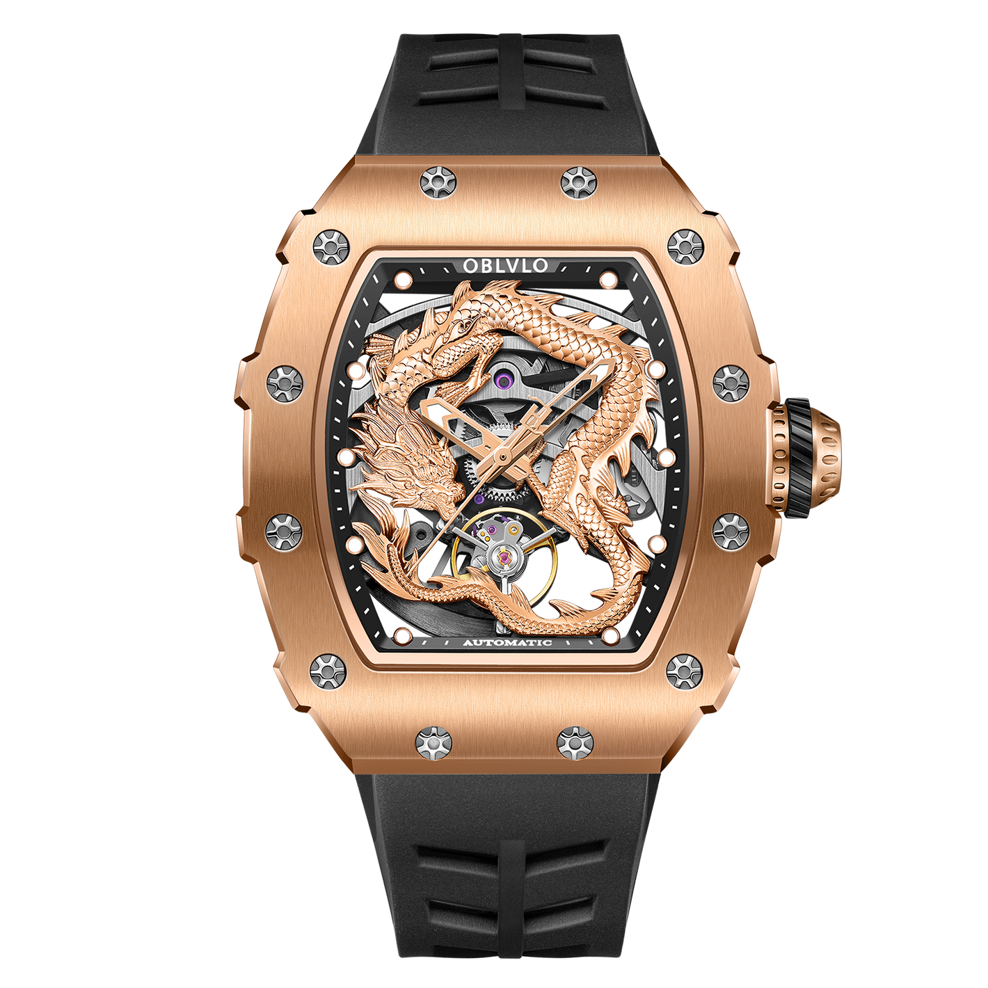 OBLVLO Unique Rose Gold Chinese Dragon Skeleton Watches for Men & women