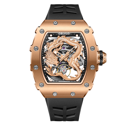 OBLVLO Unique Rose Gold Chinese Dragon Skeleton Watches for Men & women