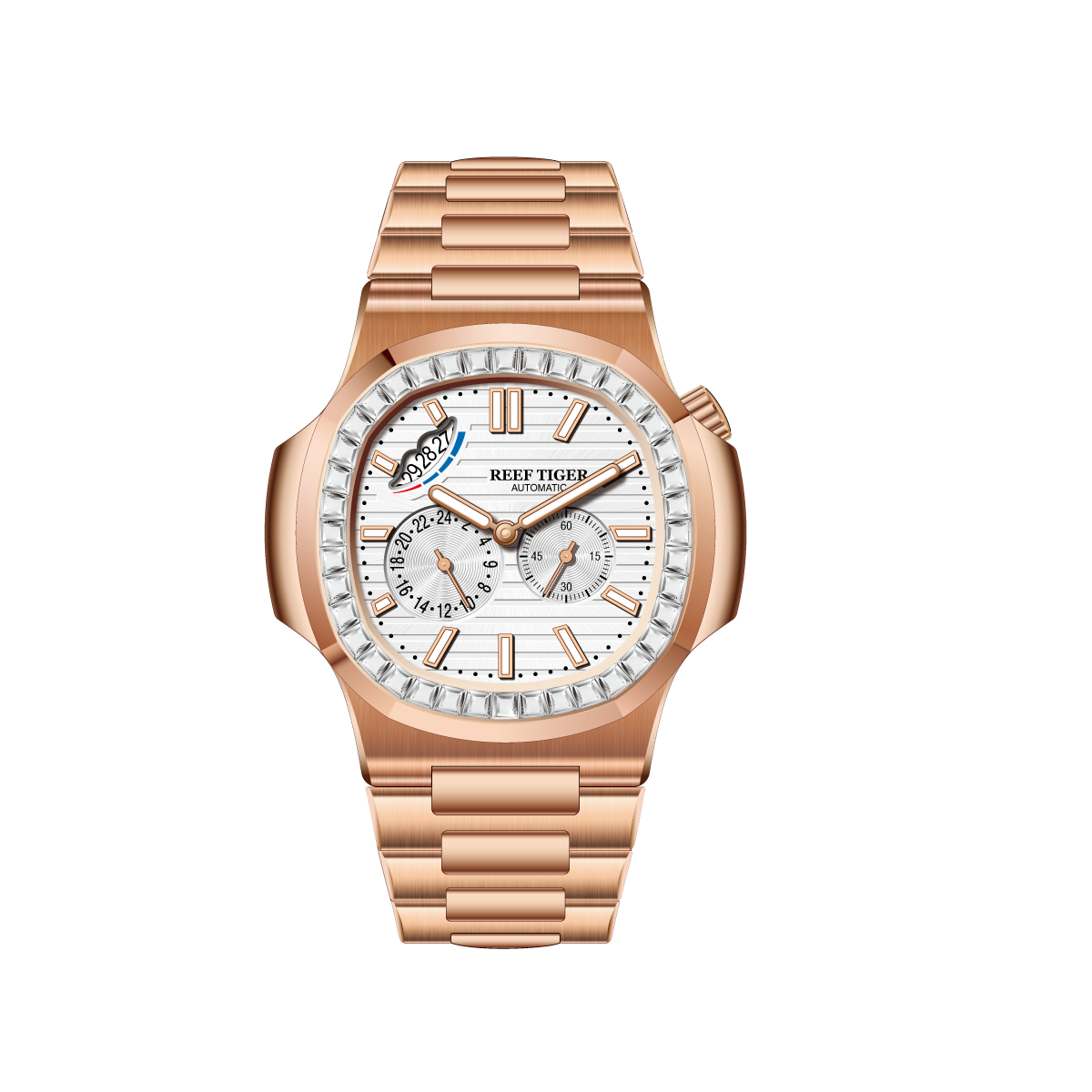 Reef Tiger RGA2019 White Dial 44mm Crystal Bezel & Rose Gold Sqaure Case Automatic Watch - 24 Hours Multi-Dial Dial Business Watch