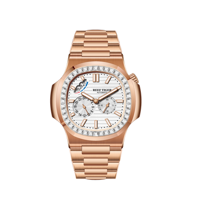 Reef Tiger RGA2019 White Dial 44mm Crystal Bezel & Rose Gold Sqaure Case Automatic Watch - 24 Hours Multi-Dial Dial Business Watch
