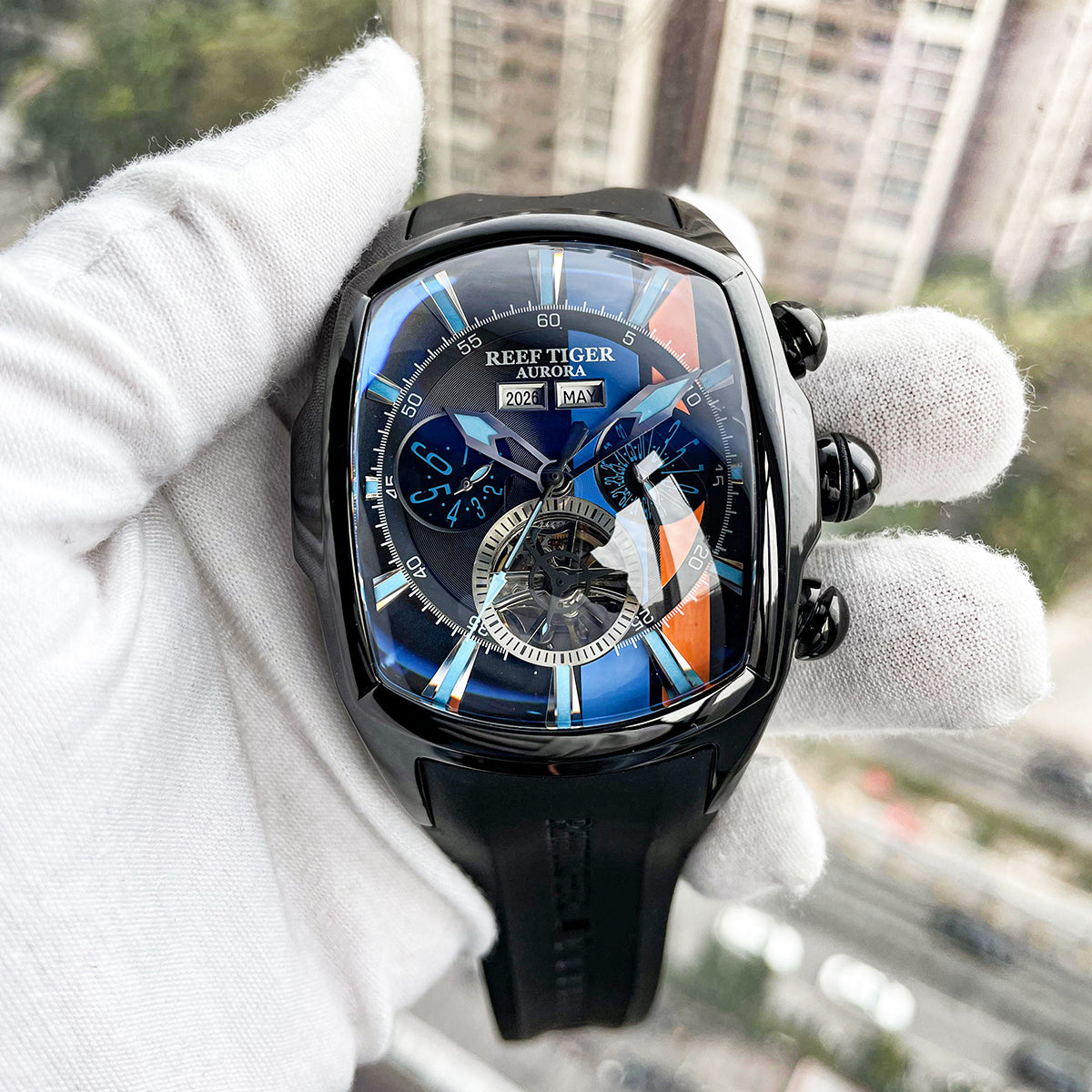 Reef Tiger AURORA メンズ腕時計 ブラック×ブルー Affordable Reef Tiger Aurora Tank Racing Best Black PVD