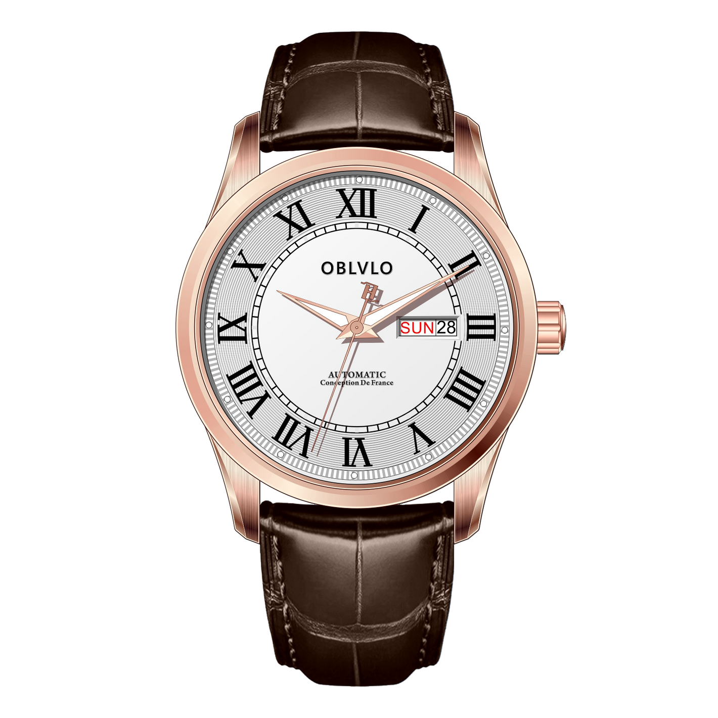 OBLVLO GC-SIM White Dial 41mm Rose Gold Roman Numerals Day Date Automatic Watch