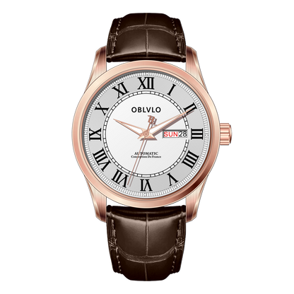 OBLVLO GC-SIM White Dial 41mm Rose Gold Roman Numerals Day Date Automatic Watch