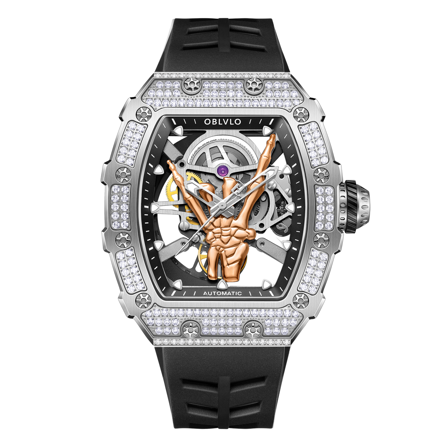 OBLVLO XM FIG Series Cool Diamond & Rock and Roll Skeleton Hand Automatic Watch