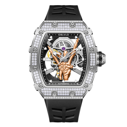 OBLVLO XM FIG Series Cool Diamond & Rock and Roll Skeleton Hand Automatic Watch