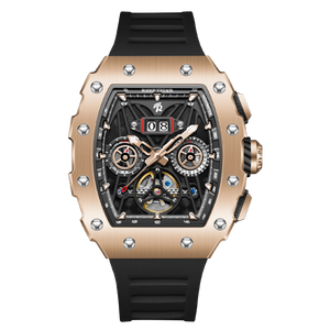 REEF TIGER RGA3009 Rose Gold Men Multifunctional Skeleton Automatic Tonneau Luminous Waterproof Watch