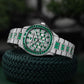 OBLVLO FM-DSL-AD Mens Iced Out Diamond Watch Luxury Emerald Green Baguette Gemstone Automatic Mechanical Wristwatch Silver Stainless Steel