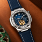 OBLVLO FM-SF Men's Open Heart Automatic Watch Silver Stainless Steel Luxury Diamond Bezel Mechanical Wristwatch Blue Dial Textured Leather Strap