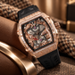 OBLVLO ZM-PH Rose Gold Tonneau & Cubic Zirconia Case Luxury Men's Skeleton Watch - 3D Dragon & Phoenix Carved Dial