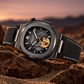 OBLVLO FM-SF Men's All Black Stealth Automatic Watch Open Heart Black Bezel Mechanical Wristwatch Black Leather Strap