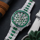OBLVLO FM-DSL-AD Mens Iced Out Diamond Watch Luxury Emerald Green Baguette Gemstone Automatic Mechanical Wristwatch Silver Stainless Steel