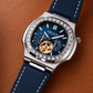 OBLVLO FM-SF Men's Open Heart Automatic Watch Silver Stainless Steel Luxury Diamond Bezel Mechanical Wristwatch Blue Dial Textured Leather Strap