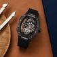 OBLVLO ZRM-ZM Men's All Black Stealth Automatic Watch Tonneau Skeleton Mechanical Sport Wristwatch Ribbed Black Rubber Strap