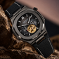 OBLVLO FM-SF Men's All Black Stealth Automatic Watch Open Heart Black Bezel Mechanical Wristwatch Black Leather Strap